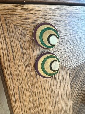 Round Double-Crescent Enamel Earrings in Green, Gold & Plum